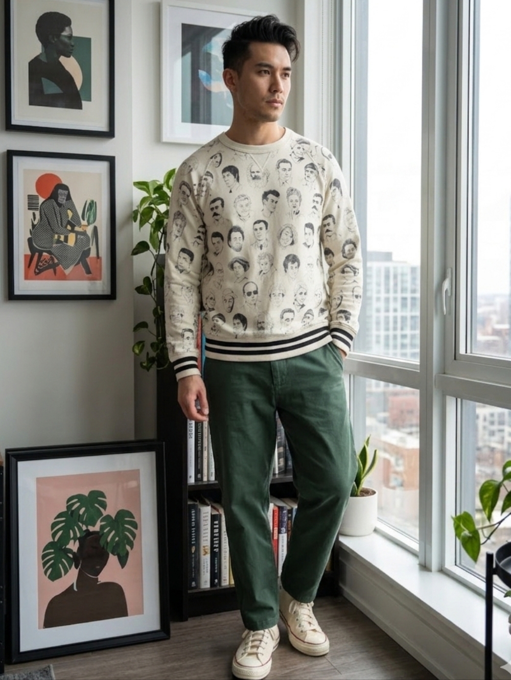 Wood Wood Crewneck 100% Cotton Historical Figure Sketches Sz Medium